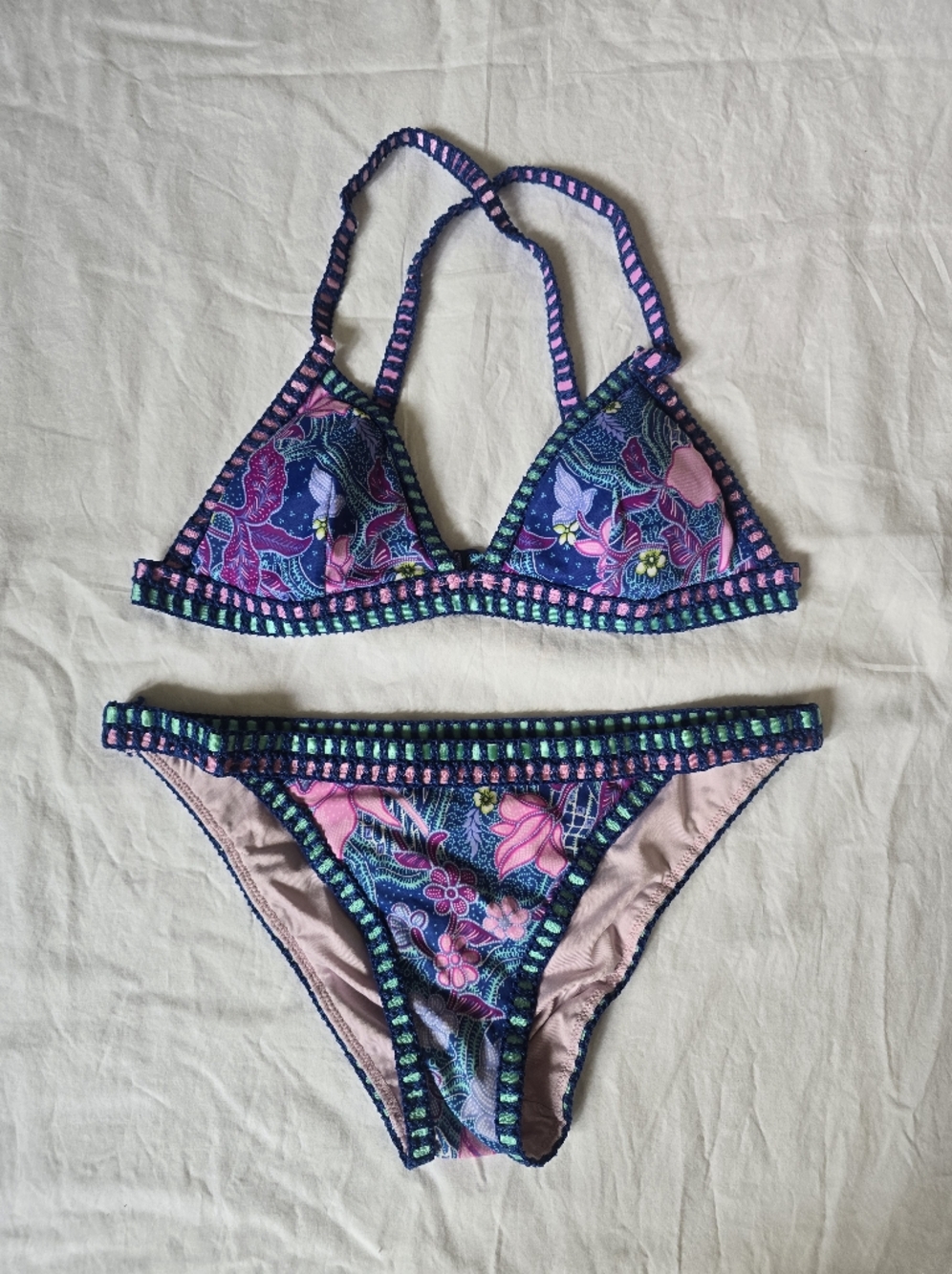 VS Floral Print Crochet-trimmed  Triangle Bikini Set